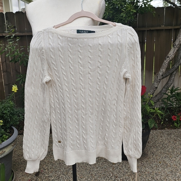 Lauren ralph lauren Puff Sleeve Ribbed Cable Cotton Sweater Pullover SP - Picture 2 of 13